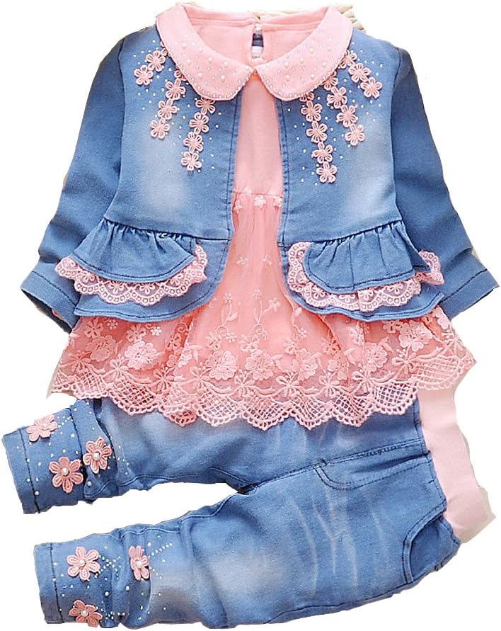 Peacolate 6M-4Years Spring Fall Baby Girls Clothing Set 3pcs Long Sleeve Dress Denim Jacket and Jeans