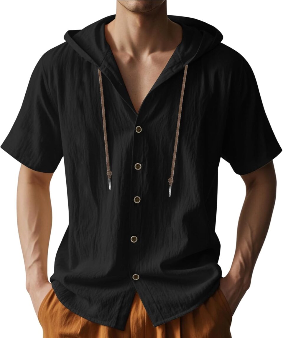 Mens Linen Hooded Shirts Short Sleeve Button Down Solid Color Loose Fit Lightweight Summer Beach Casual Tops