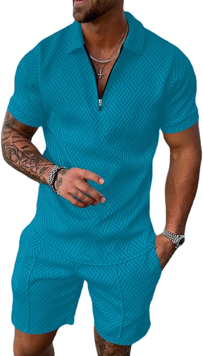 Aulemen Mens 2 Piece Zip Tracksuit Short Sleeve Print Polo Shirt and Shorts Sets Summer Outfits for Men