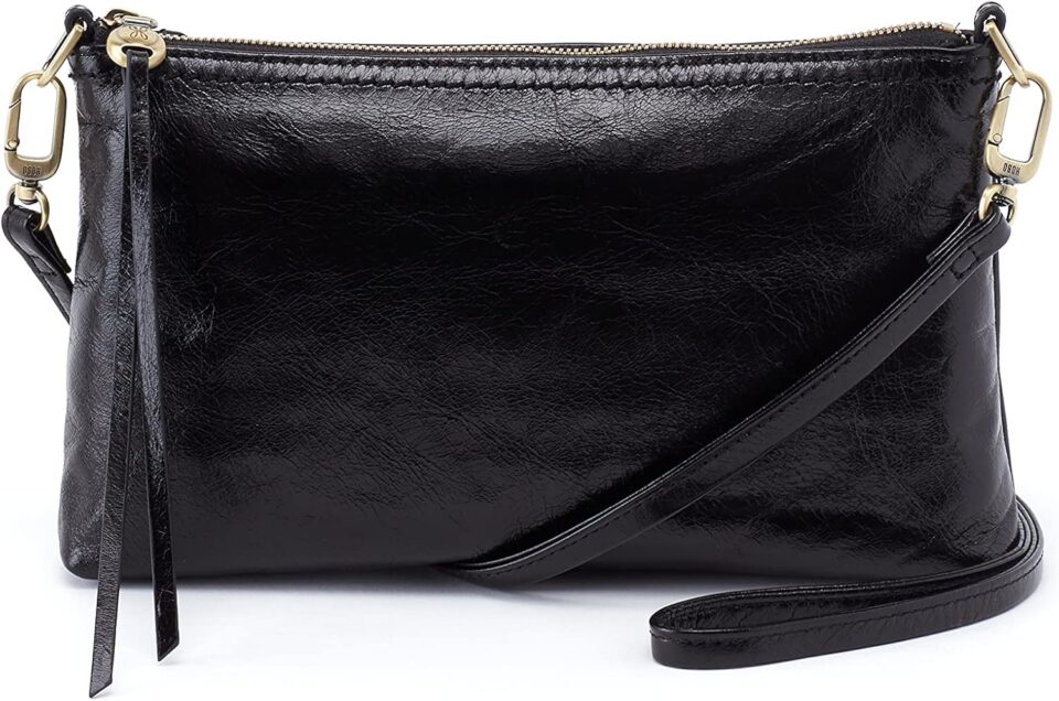 HOBO Darcy Leather Convertible 3-in-1 Crossbody Bag with Removable & Adjustable Strap, Exterior Phone Slip Pocket, Zipper Security, and Fashion Fringe Tassel, Black