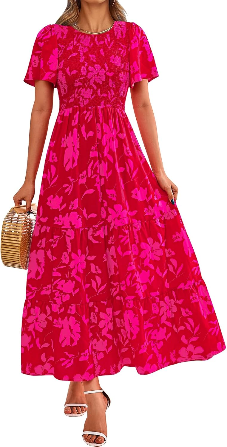 PRETTYGARDEN Women's 2025 Summer Casual Flutter Short Sleeve Boho Floral Maxi Dress Crew Neck Smocked Tiered Long Dresses