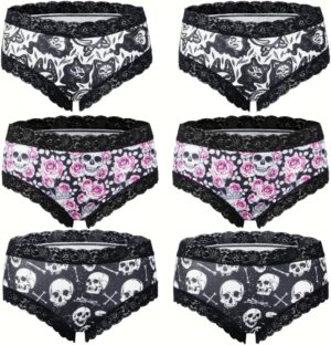 6pcs Gothic Chic Low Rise Bikinis Contrast Lace, Skull & Eyeballs & Stars Print, Women Comfortable Hipster Panties