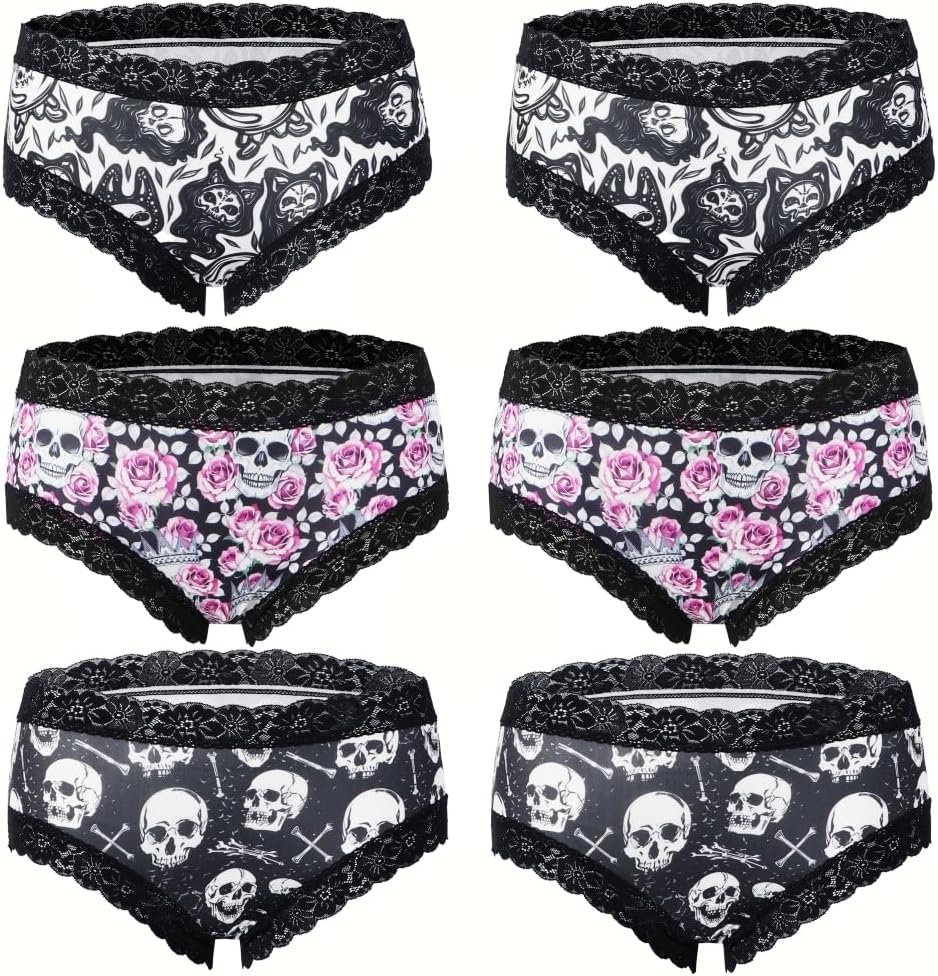6pcs Gothic Chic Low Rise Bikinis Contrast Lace, Skull & Eyeballs & Stars Print, Women Comfortable Hipster Panties