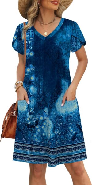 OFEEFAN Womens Summer Dresses 2025 Tulip Petal Short Sleeve V Neck Loose Swing Sundresses with Pockets Plain/Print