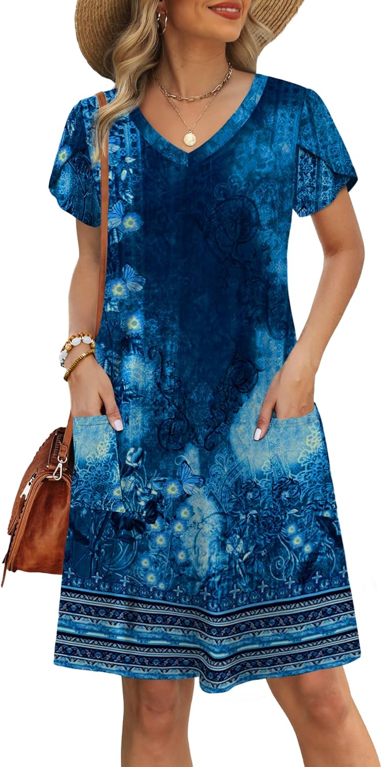 OFEEFAN Womens Summer Dresses 2025 Tulip Petal Short Sleeve V Neck Loose Swing Sundresses with Pockets Plain/Print