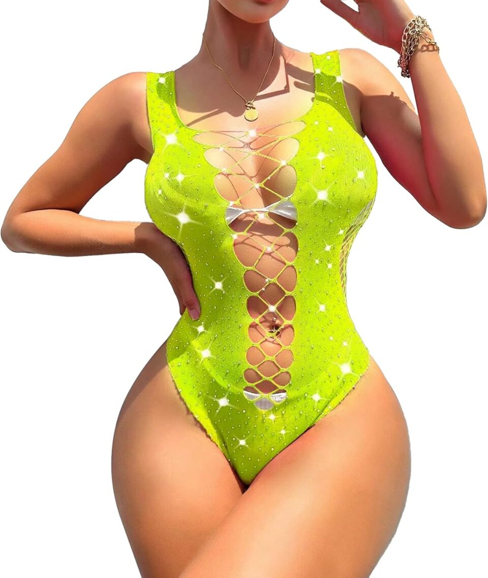 Sexy Lingerie For Women Naughty Sparkle Rhinestone Fishnet Lingerie Set Teddy Erotic Mesh Rave Outfit