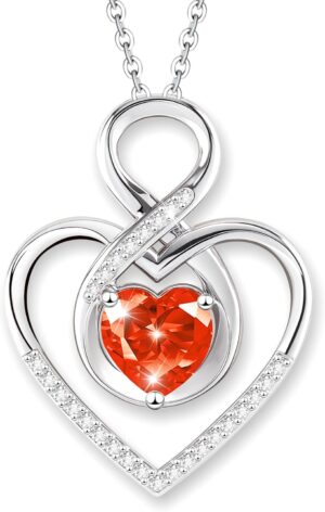 Heart Necklace for Women, 925 Silver Necklace with Red Infinity Heart Pendant, Personalized Birthstone Necklace Anniversary Birthday Gifts for Wife, girlfriend, Mom