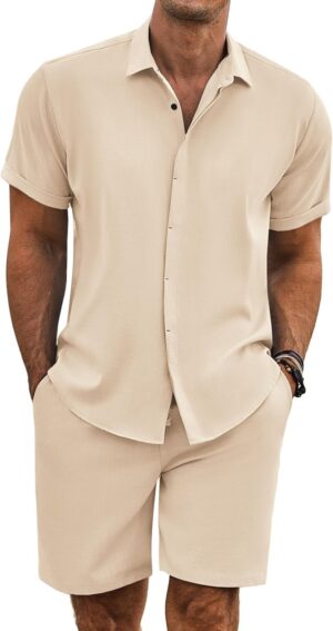 COOFANDY Men's Summer Beach Outfits 2 Piece Short Sleeve Shirts and Shorts Vacation Texture Linen Sets for Men