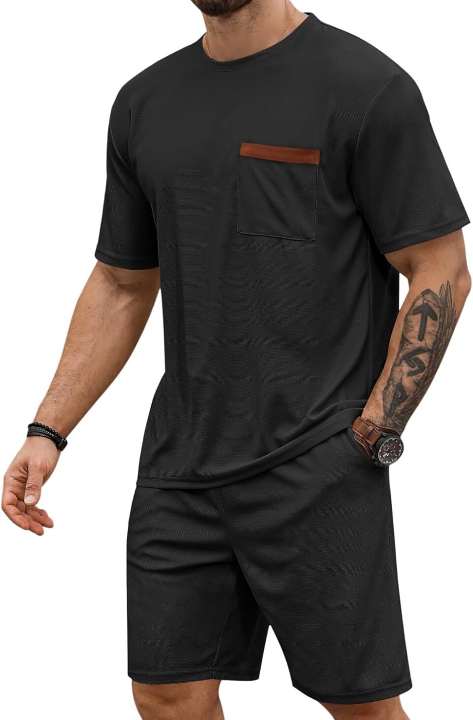 Babioboa Men's Short Sleeve Tracksuit Summer T Shirt & Shorts set Pocket Waffle Solid Two Piece Casual Daily Duty-off