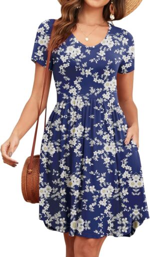 Women's 2025 Summer Short Sleeve Dresses Casual Loose Fit Swing T Shirt Dress V Neck Sundress with Pockets
