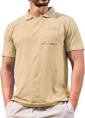 Aulemen Mens Golf T-Shirt with Pocket Casual Short Sleeve Polo Shirts Fashion Slim Fit Collared Tee