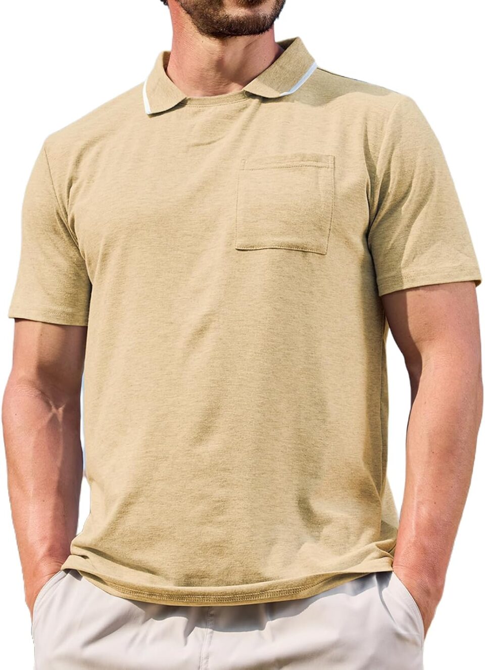 Aulemen Mens Golf T-Shirt with Pocket Casual Short Sleeve Polo Shirts Fashion Slim Fit Collared Tee