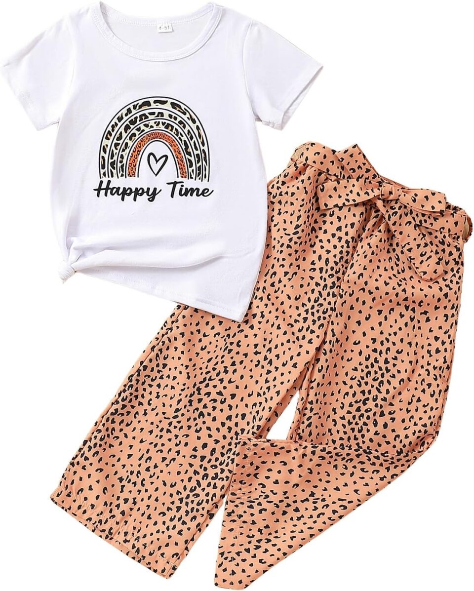 Kid Toddler Girl Clothes Figure Graphic Short-sleeve Top + Leopard Print Pants 2 Piece Summer Outfits Set