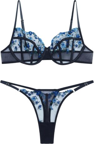Lingerie Sexy Bra and Panty Set for Women See Through Sheer Underwear Cute Exotic Foral Embroidery Babydoll Suit