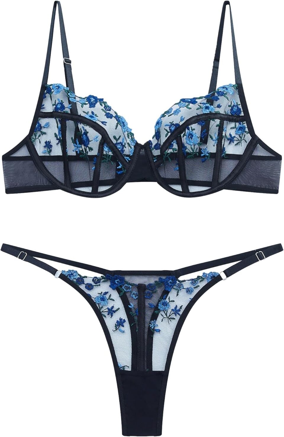 Lingerie Sexy Bra and Panty Set for Women See Through Sheer Underwear Cute Exotic Foral Embroidery Babydoll Suit