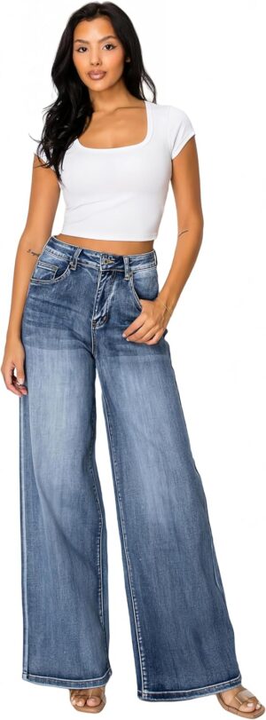 High Waist Stretchy Wide Leg Jeans for Women Plus Size Washed Blue Denim Pants Raw Hem Casual Outing
