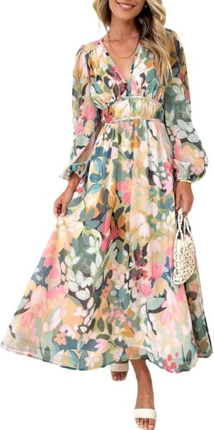 Women's Long Sleeve Boho Maxi Dress Floral Print Long Dress Pink Print