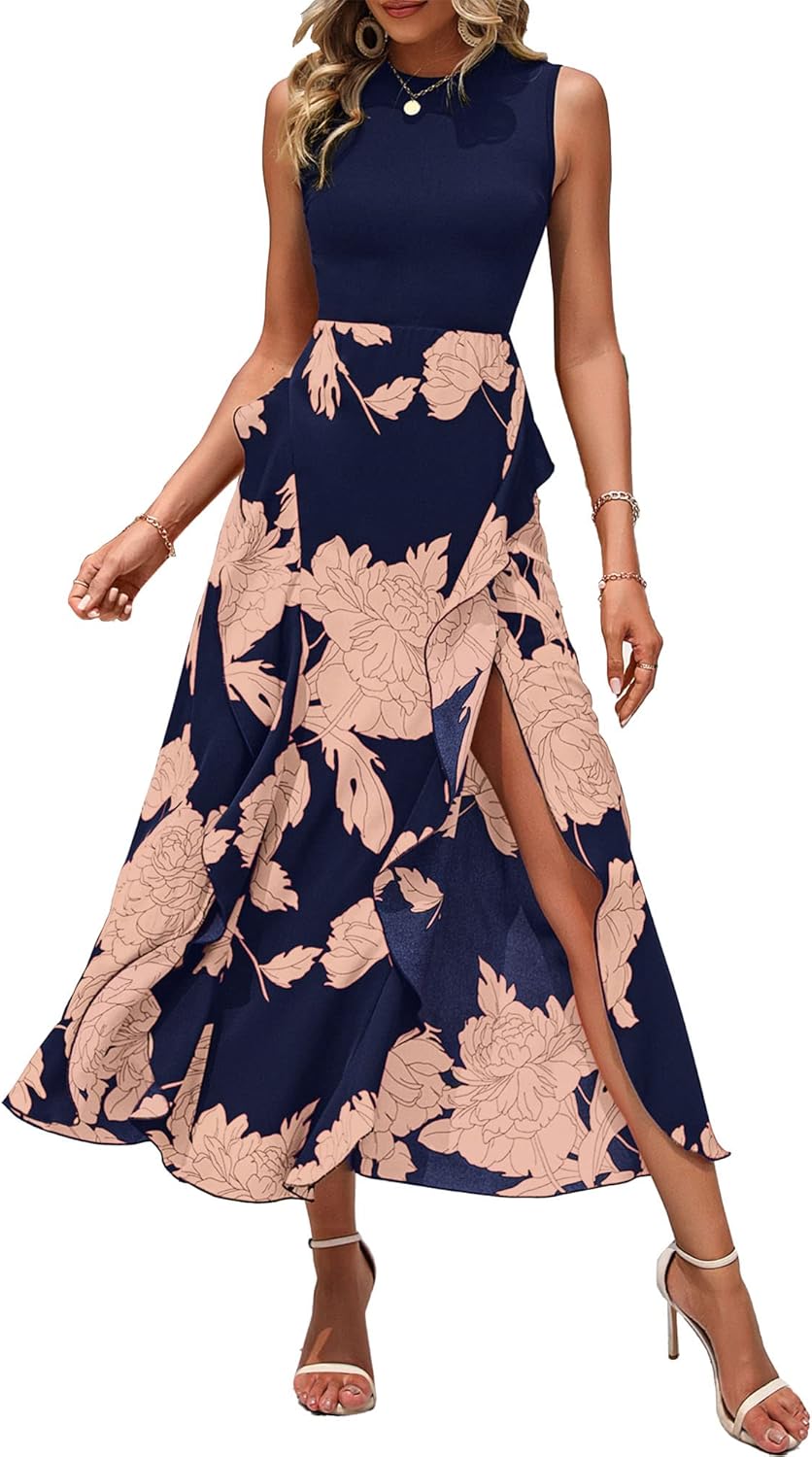 BTFBM Women Casual Sleeveless Summer Dresses 2025 Spring Crewneck Patchwork Boho Floral Ruffle Cocktail Party Midi Dress