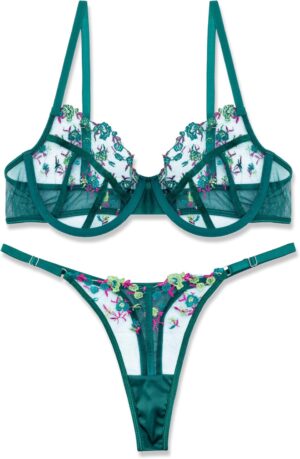 Lingerie Sexy Bra and Panty Set for Women See Through Sheer Underwear Cute Exotic Foral Embroidery Babydoll Suit