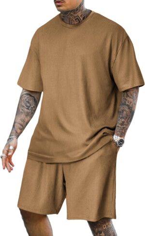 Lexiart Mens Casual 2 Piece Outfits-Short Sleeve Athletic Set Oversize T-Shirts Drawstring Tracksuit Set