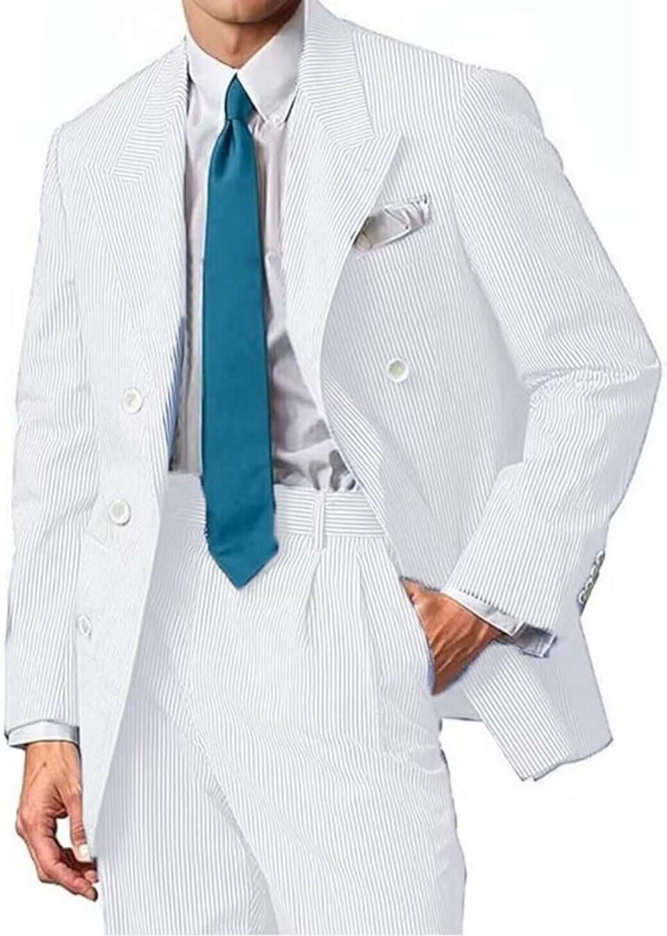 Mens Suit Summer Seersucker 2 Piece Double Breasted Buckle Striped Tuxedos for Men Wedding Suits Beach Party