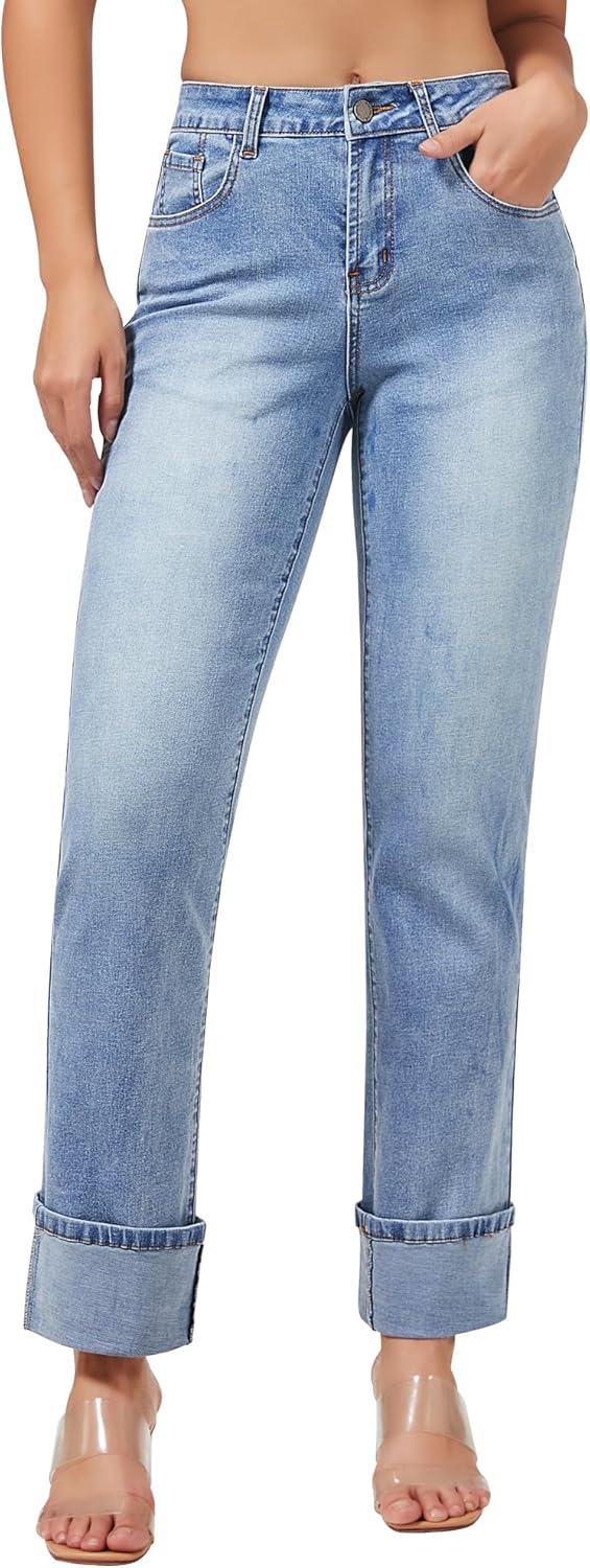 roswear Women’s Straight Leg Jeans High Waisted Boyfriend Stretchy Cuffed Denim Pants