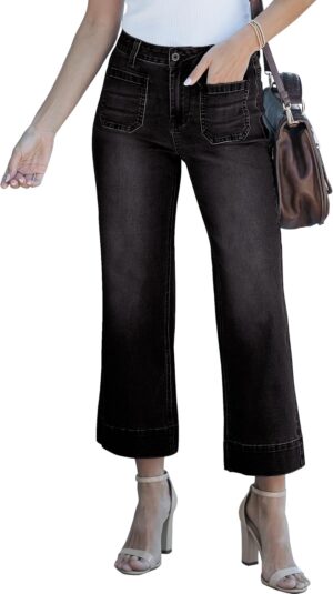 luvamia Wide Leg Jeans for Women Trendy High Waisted Flare Jeans Cropped Denim Pants Stretchy Baggy with Patch Pockets