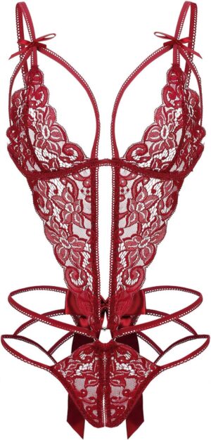 Donnalla Women's Deep V Lace Teddy One Piece Lingerie Cutout Strappy Lingerie