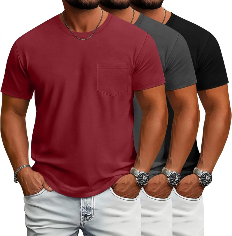 Ficerd 3 Pack Men's Big and Tall T Shirt, Short Sleeve Pocket Cotton Tee Crew Neck Lightweight Tops Solid Loose Fit Shirts