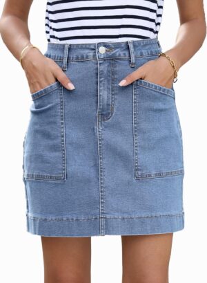 Sidefeel Women's Jean Skirt High Waisted Stretch Casual Summer Zimbaplatinum Denim Skirt with Pockets