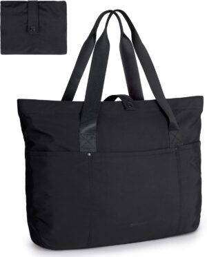 BAGSMART Tote Bag for Women, Foldable Tote Bag With Zipper Travel Large Shoulder Bag Handbag for Work-16.5''l X 6''wx 14''h