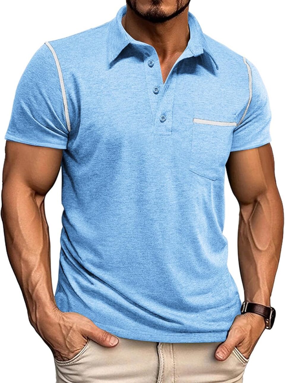 Mens Casual Polo Shirts Classic Short Sleeve Basic Golf Button Shirt with Pocket