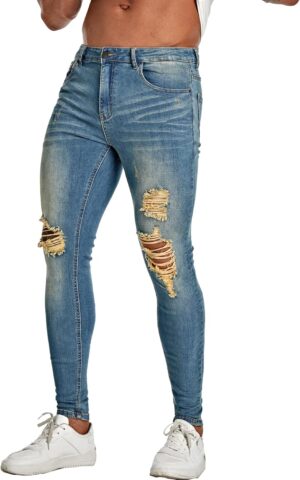 Men's Super Skinny Stretch Tapered Leg Slim Fit Ripped Distressed Jeans…