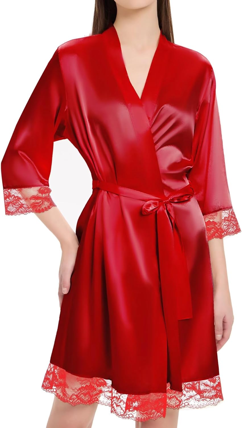 Women's Satin Robe Lingerie for Women Lace Bathrobe Short Robes Bridesmaids Sleepwear