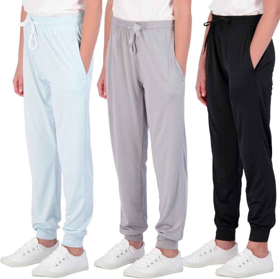 Real Essentials 3 Pack: Girls' Dry-Fit Jogger Sweatpants Soft Active Athletic Kids Joggers with Pockets & Drawstring