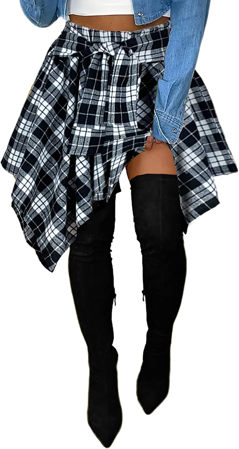 Women's Plaid Skirts High Waisted Knot Front Asymmetrical Hem Mini Skater Skirt