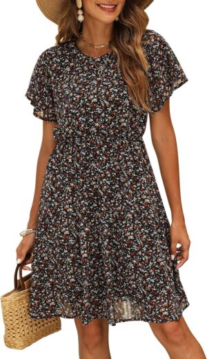 Manydress Women's Chiffon Floral Dresses Casual Summer Boho Flutter Sleeve Flowy Skater Western Dress MY112