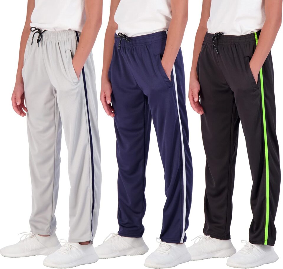 Real Essentials 3 Pack: Boys' Mesh Open Bottom Active Sweatpants with Pockets & Drawstring