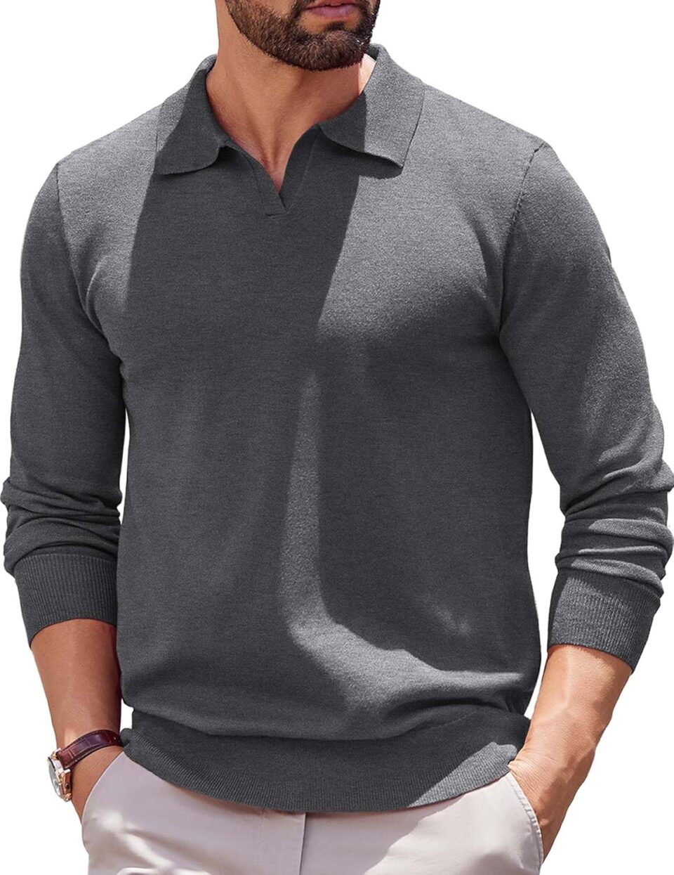 COOFANDY Long Sleeve Polo Shirts for Men Knit Polo Sweater Lightweight Ribbed Pullover Sweater