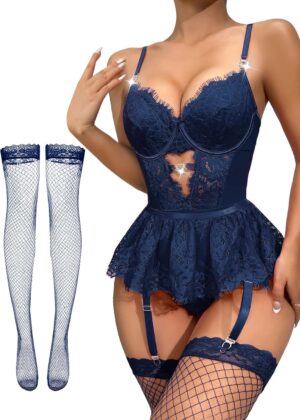 Lilosy Sexy Stocking Heart Rhinestones Underwire Babydoll Lace Mesh Garter