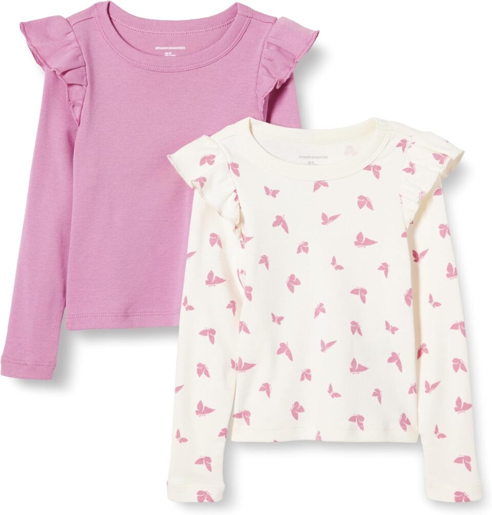 Amazon Essentials Girls and Toddlers' Long Sleeve Ruffle T-Shirt, Pack of 2