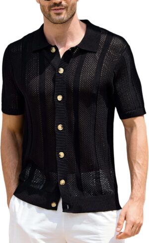 Kallspin Men's Button Down Polo Shirt Casual Summer Beach Knit Shirts Textured Cotton Polo Cardigan