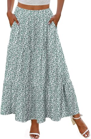 Zeagoo Skirts for Women Summer Boho Casual Maxi Flowy Elastic High Waist A-Line Tiered Swing Floral Long Skirts with Pockets