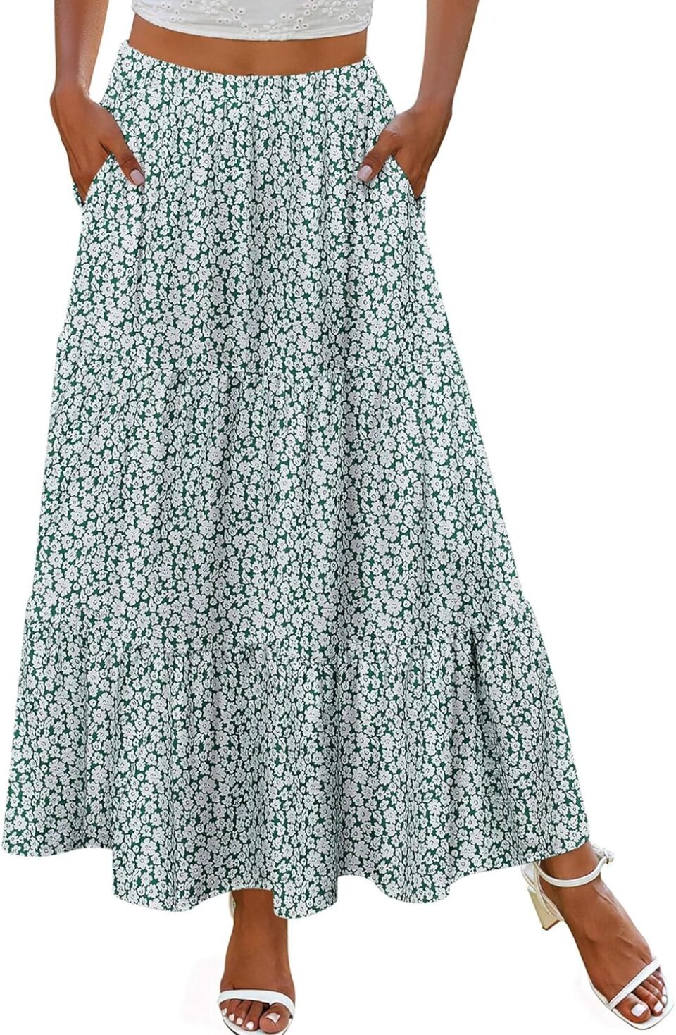 Zeagoo Skirts for Women Summer Boho Casual Maxi Flowy Elastic High Waist A-Line Tiered Swing Floral Long Skirts with Pockets