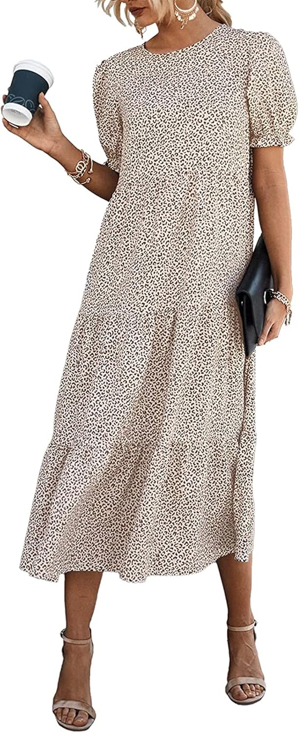 PRETTYGARDEN Women's Summer Casual Floral Boho Dress Puff Short Sleeve Ruffle Flowy Beach Party Midi Dresses