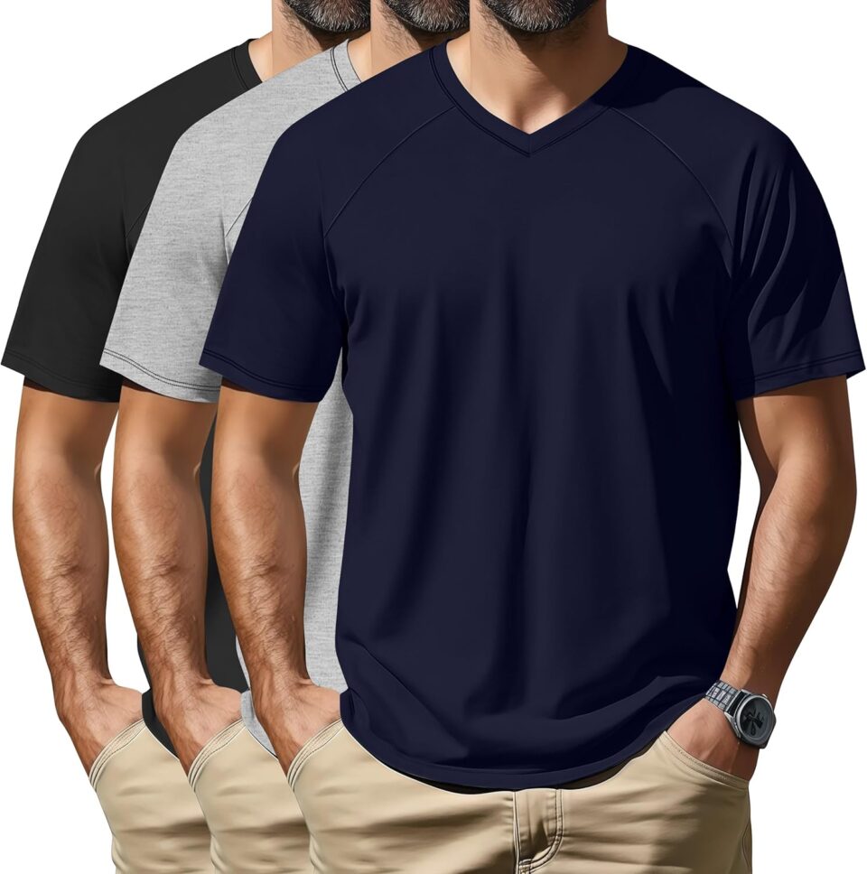 Neer 3 Pack Men's Big and Tall V Neck T-Shirts M-7X, 35% Cotton Short Sleeve Raglan Tops Casual Regular Summer Basic Tees