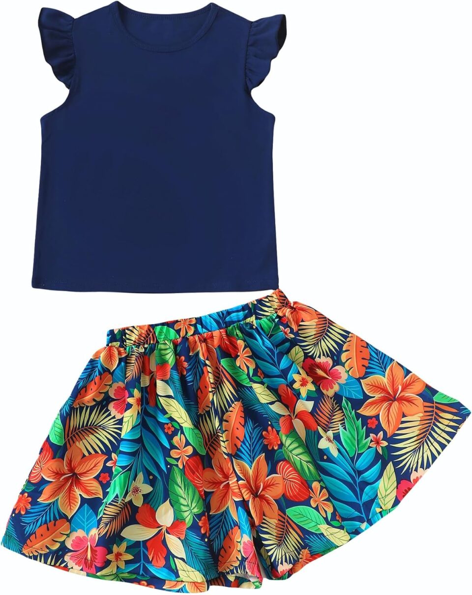 Tween Girl Summer Outfits Kid Clothes Cap Sleeve T-Shirt Wide Leg Hawaiian Beach Shorts Holiday Clothing Set 8-12