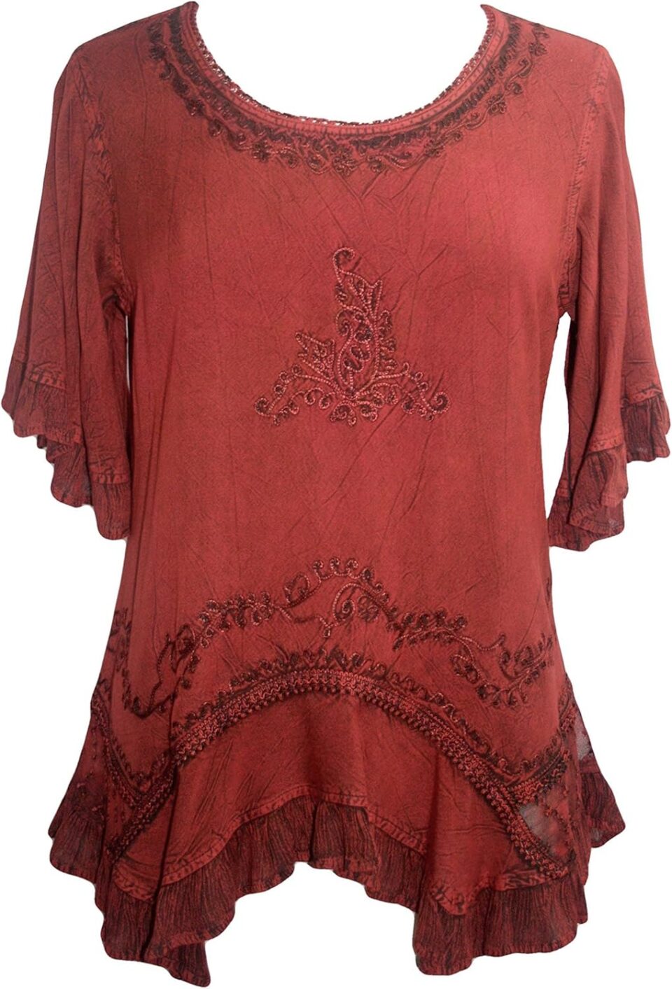 Agan Traders 2025 Summer Bohemian Medieval Embroidered Tops - Round Neck Asymmetrical Hem Ruffle Short Sleeve Women's Blouses