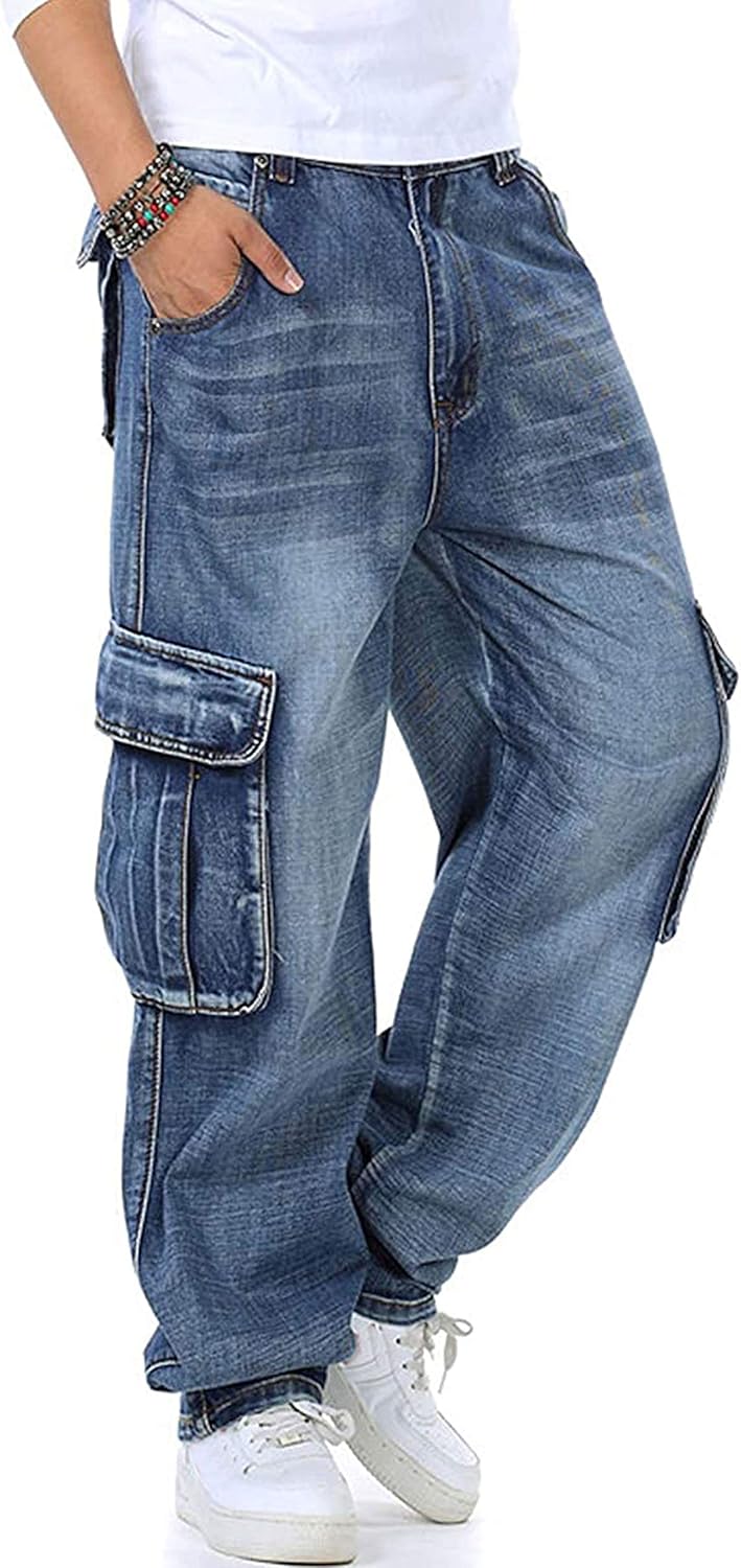 Yeokou Men's Casual Loose Hip Hop Denim Work Pants Jeans with Cargo Pockets