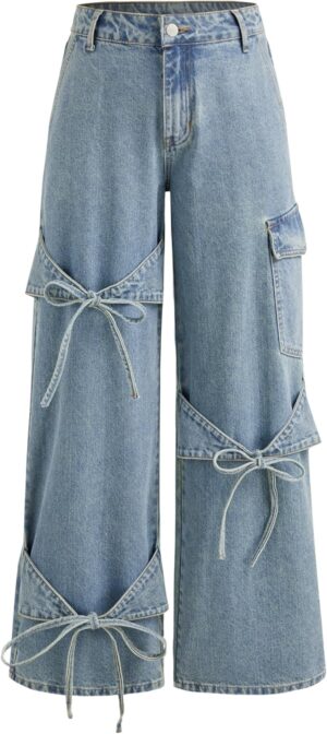 CIDER Baggy Jeans for Women Low Waisted Wide Straight Leg Bow Jeans Denim Pants
